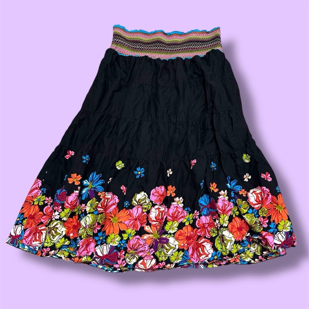 Tracy Evans Black Midi Skirt with Vibrant Floral Accents